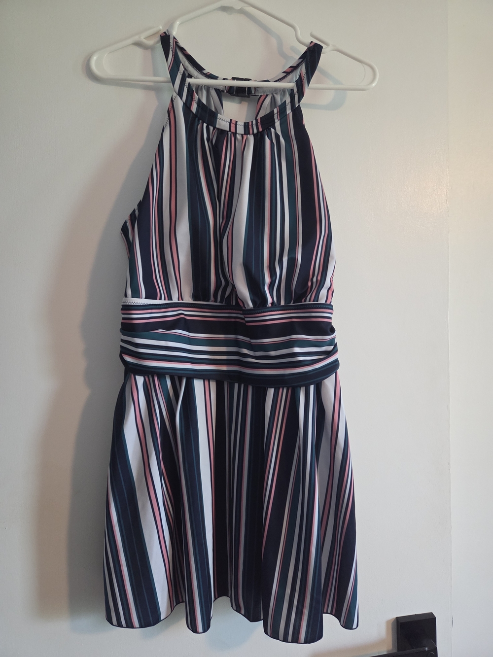 Striped Halter A-Line Bathing Suit in Navy, White & Pink